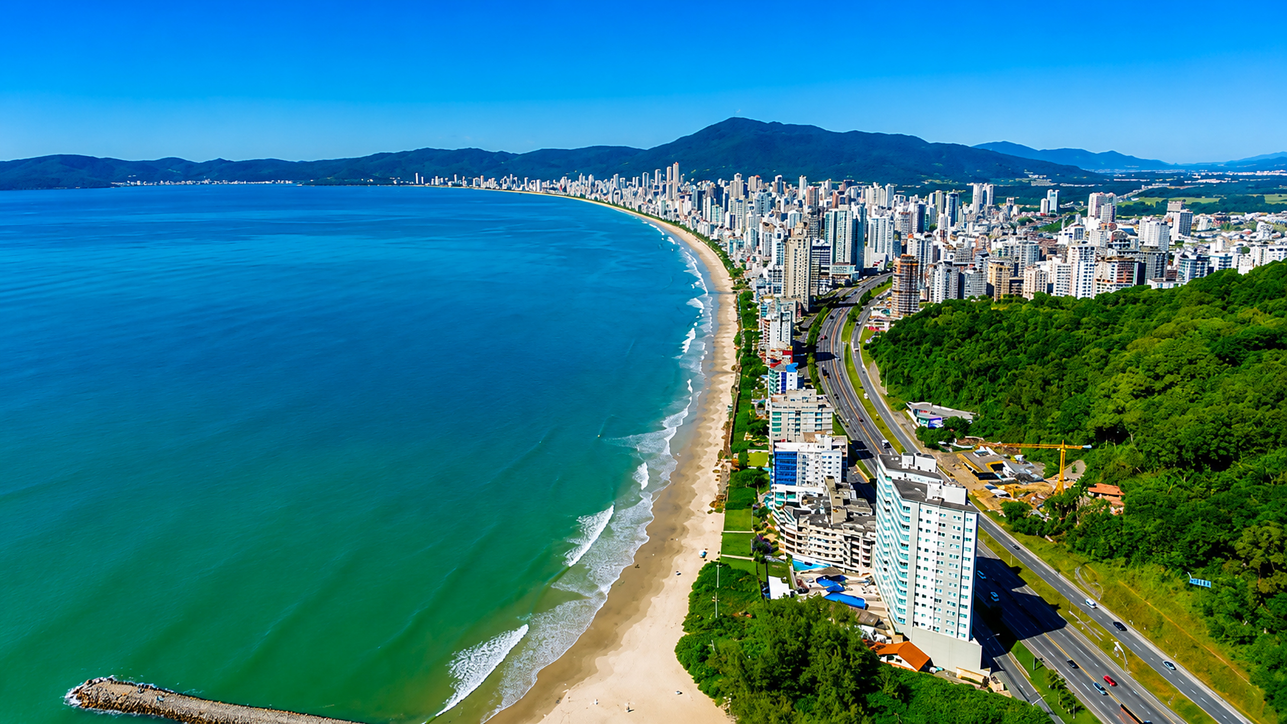 Vista aérea da orla de Itapema, Santa Catarina, com mar turquesa e os edifícios da praia